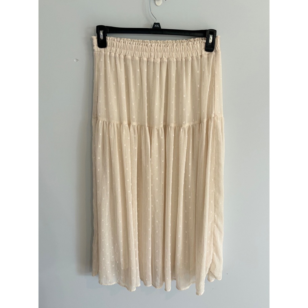 By the River Tiered Midi Skirt Elastic Waist Dotted‎ Texture Cream M
